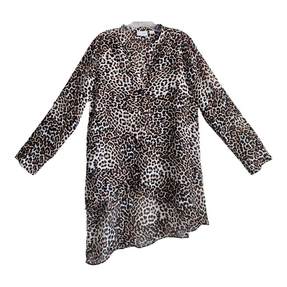 CHICO'S 1 Women 8 10 Tunic Top Leopard Semi Sheer Asymmetrical Hem Roll Tab 40" - Picture 1 of 8